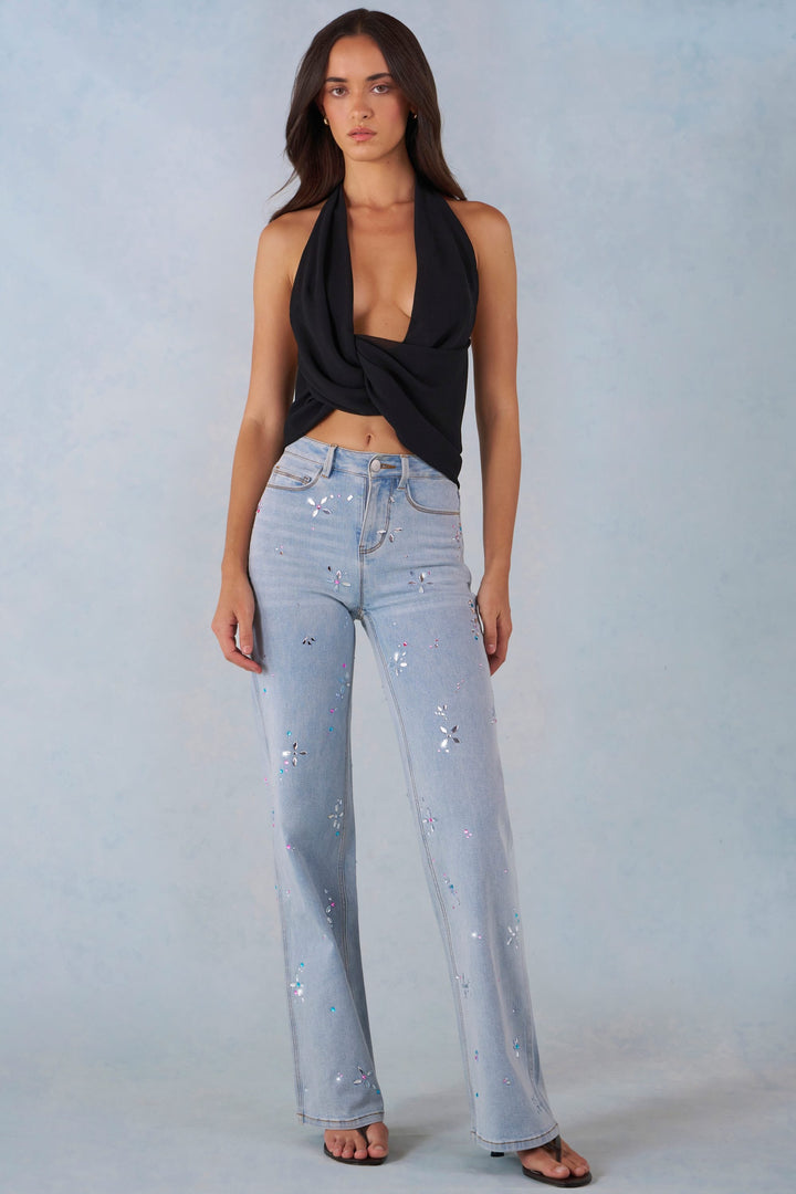 Jeans a Gamba Dritta a Vita Media in Denim Chiaro