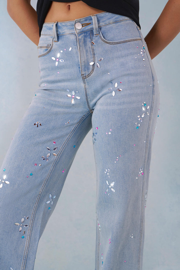 Jeans a Gamba Dritta a Vita Media in Denim Chiaro