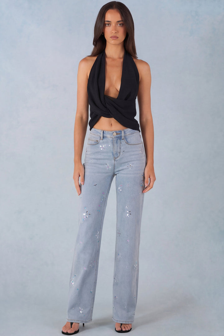 Jeans a Gamba Dritta a Vita Media in Denim Chiaro