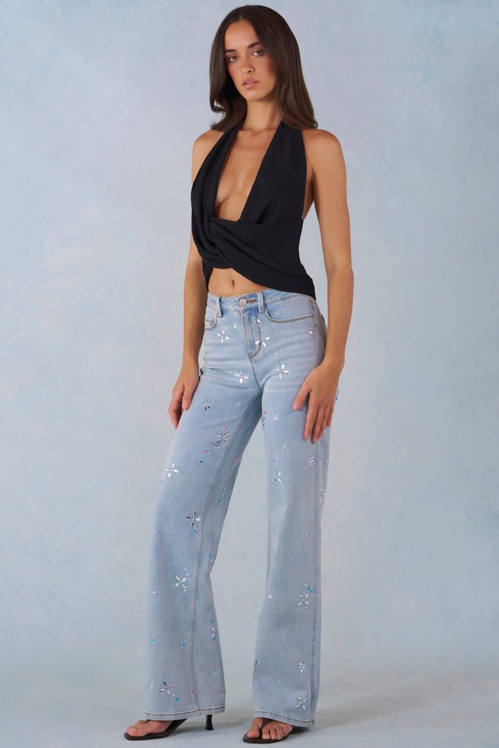 Jeans a Gamba Dritta a Vita Media in Denim Chiaro