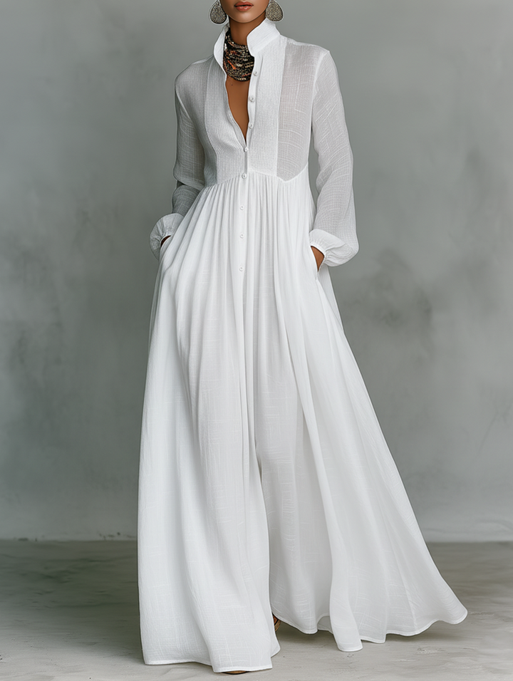 Elisa - Maxi Minimalista con Patchwork, Collo Alto e Maniche Lunghe