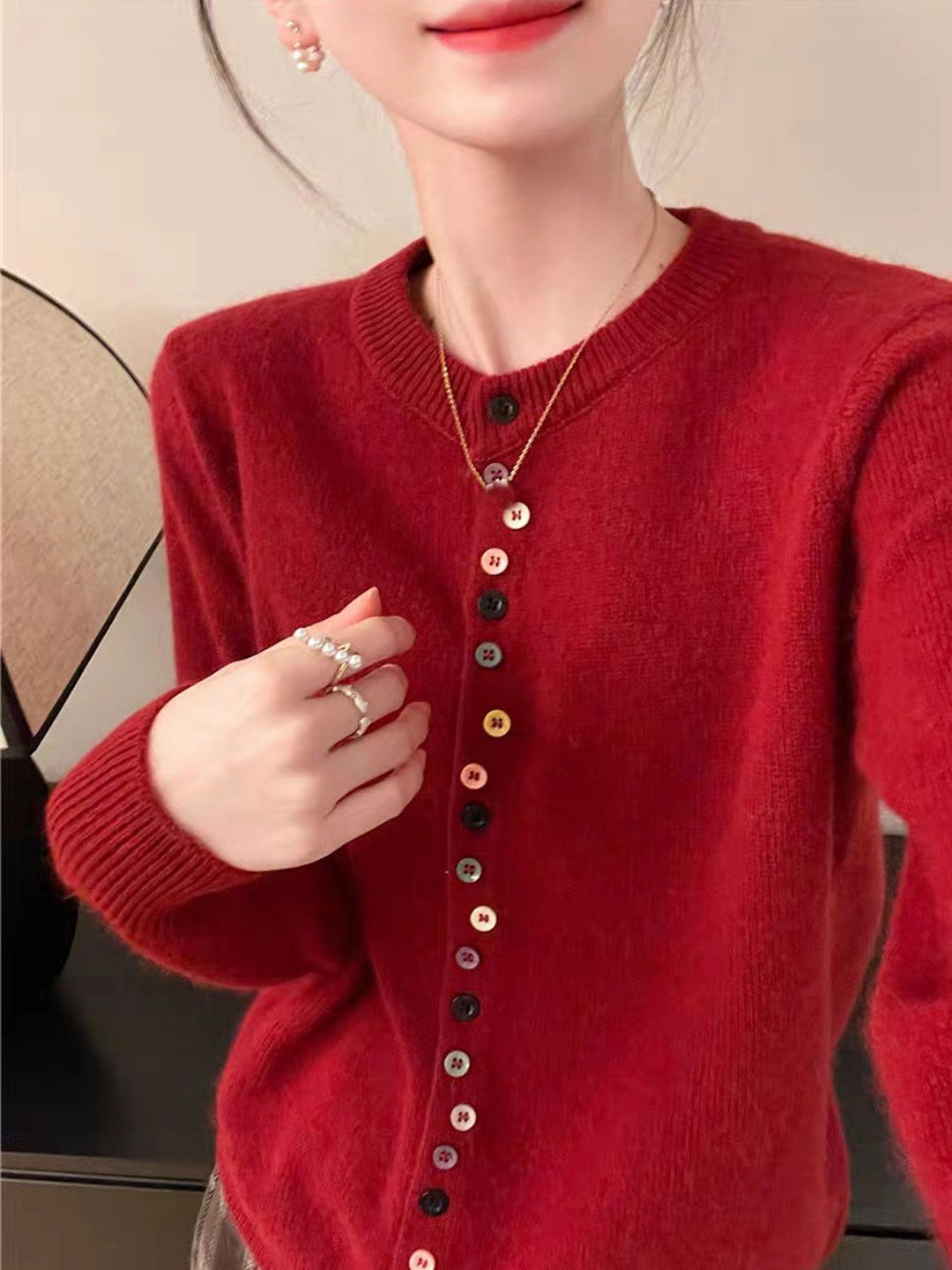 Beatrice - Classico Cardigan con Collo Giro e Bottoni