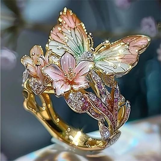 Anello farfalla scintillante con zircone naturale