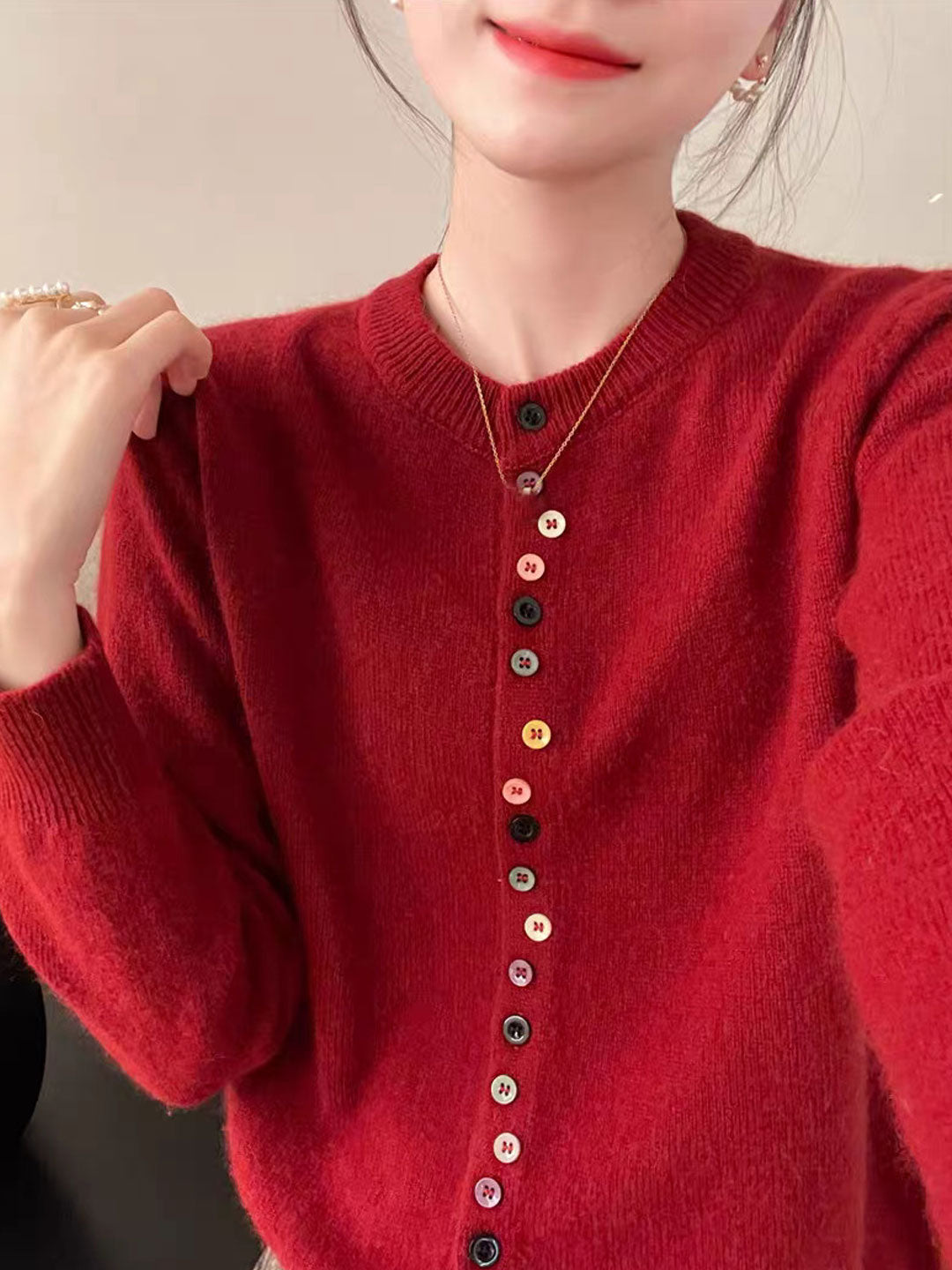Beatrice - Classico Cardigan con Collo Giro e Bottoni