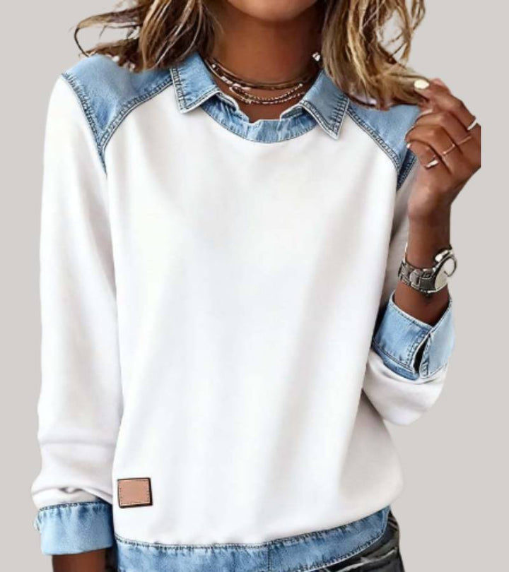 SILVIA | TOP IN MAGLIA PATCHWORK CON DETTAGLI DENIM