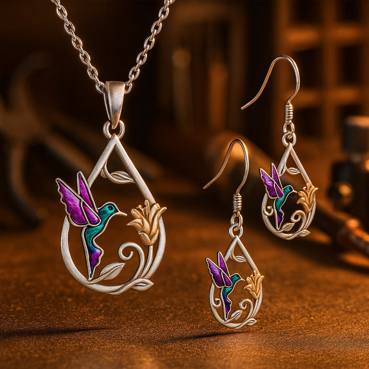 Splendida collana con colibrì per donna, con orecchini abbinati