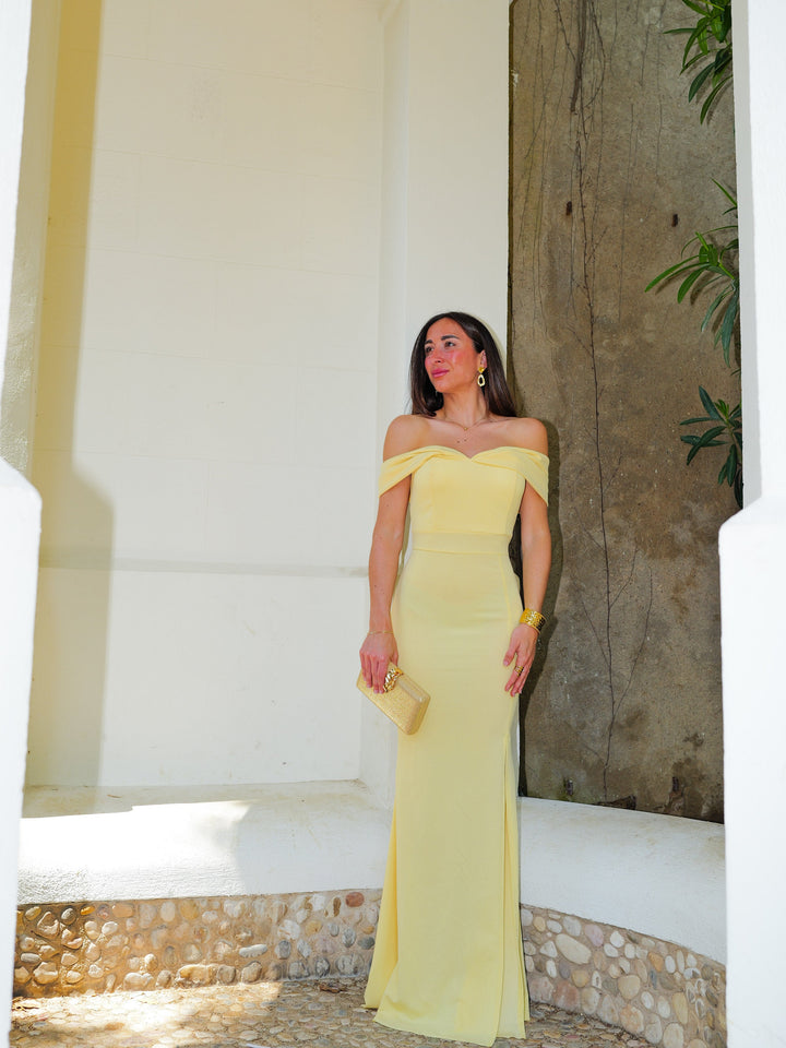 Abito giallo Bardot con fiocco decorativo