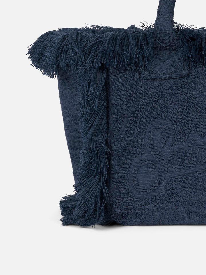 Colette Navy Blue Terry Cloth Bag with Embossed Design