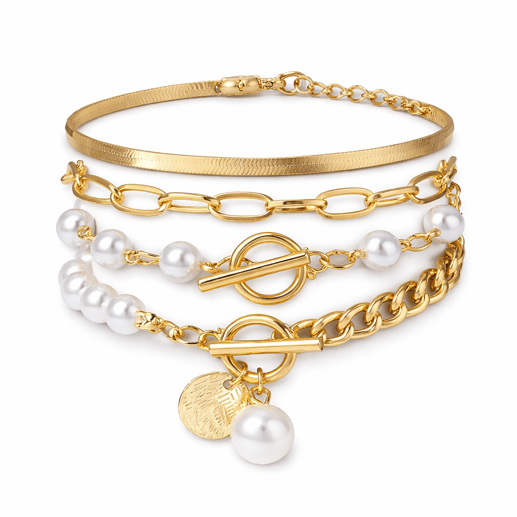Set di 4 Bracciali Eleganti in Oro - Design a Serpente con Perle e Maglie
