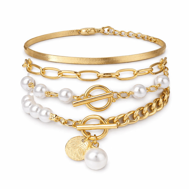 Set di 4 Bracciali Eleganti in Oro - Design a Serpente con Perle e Maglie