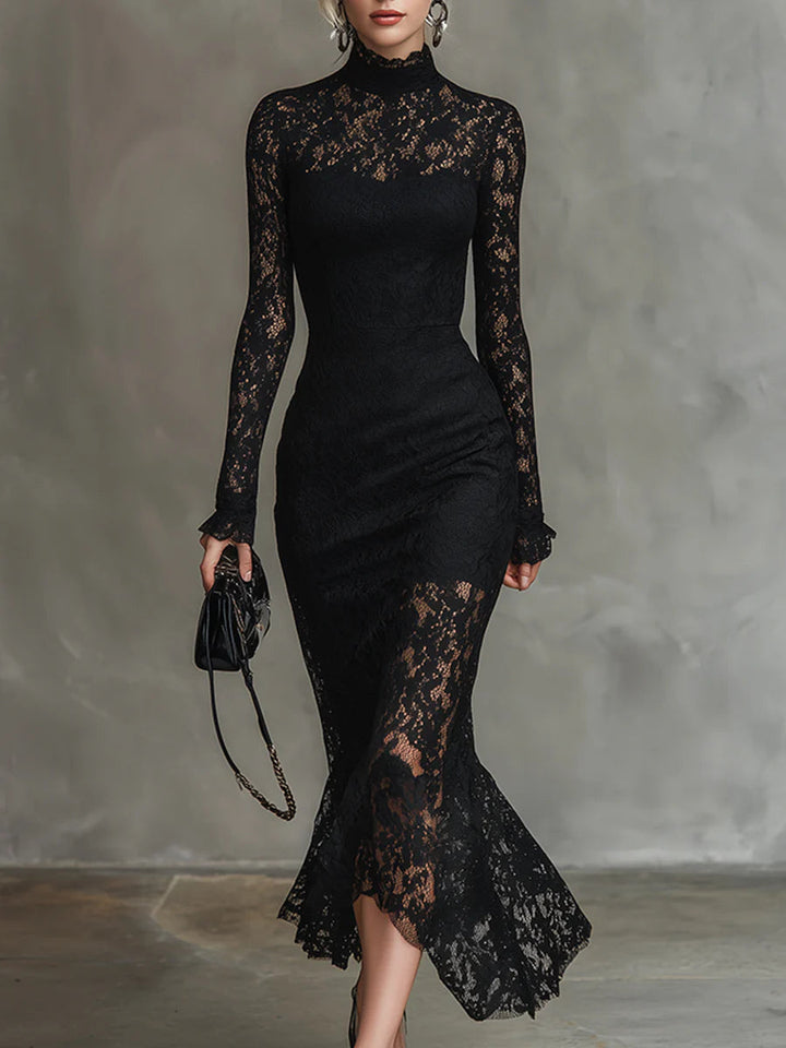 Elisabetta - Elegante Abito Maxi Fishtail in Pizzo Nero Elasticizzato