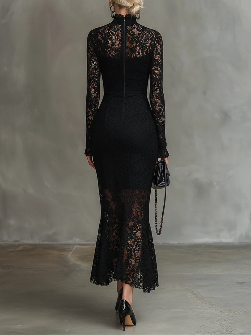 Elisabetta - Elegante Abito Maxi Fishtail in Pizzo Nero Elasticizzato