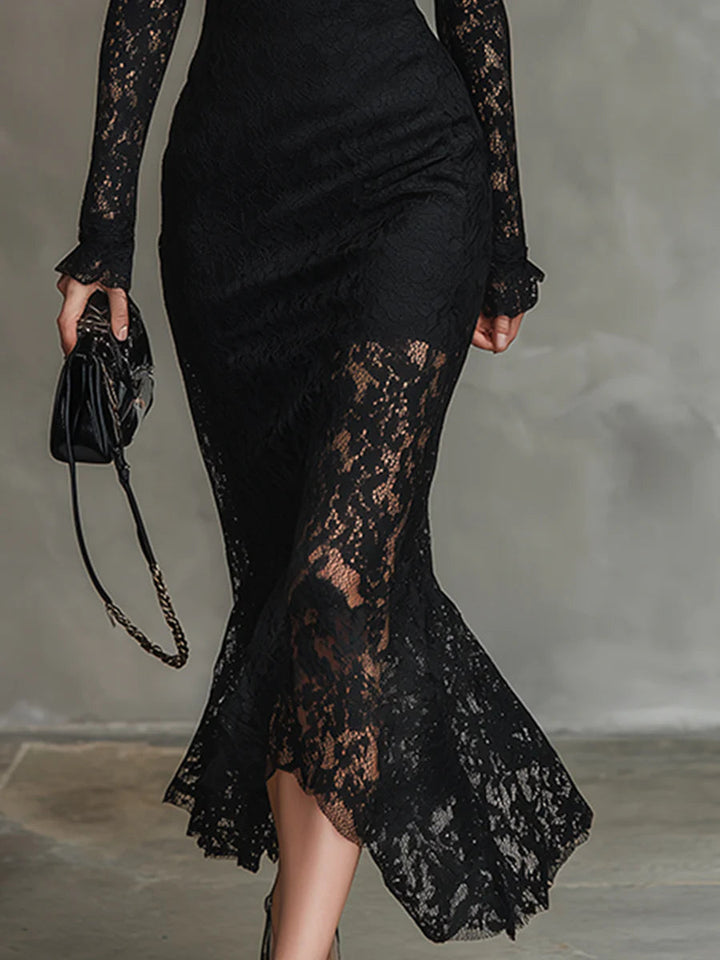 Elisabetta - Elegante Abito Maxi Fishtail in Pizzo Nero Elasticizzato