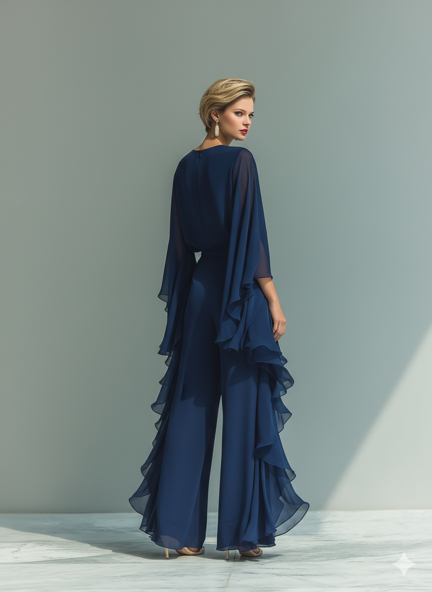 Top blu scuro con pantaloni dritti con volant