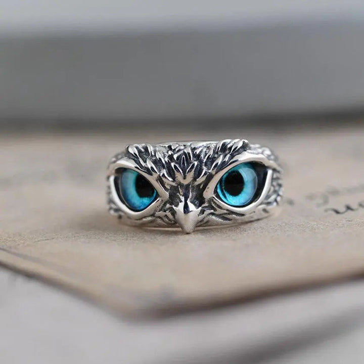 Anello in argento regolabile con gufo portafortuna e opale