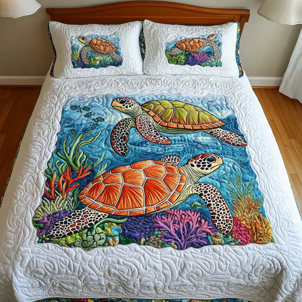 Set di biancheria da letto trapuntata in 3 pezzi - Tartarughe Marine