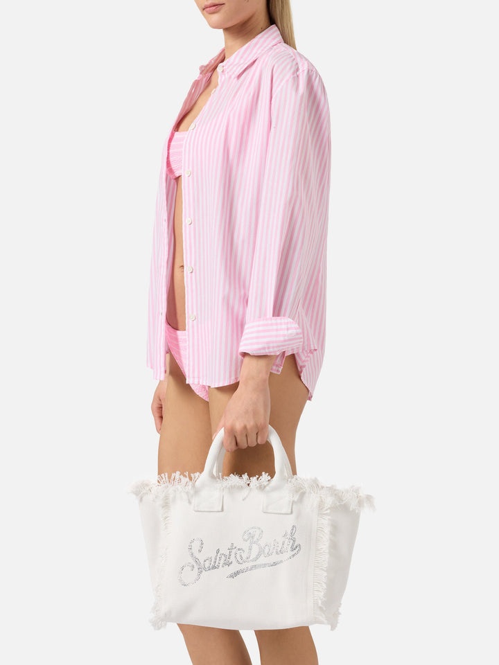 Colette White Canvas Bag with Rhinestone Logo