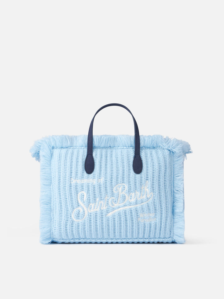 Colette Blue Ribbed Knit Bag with Logo Embroidery