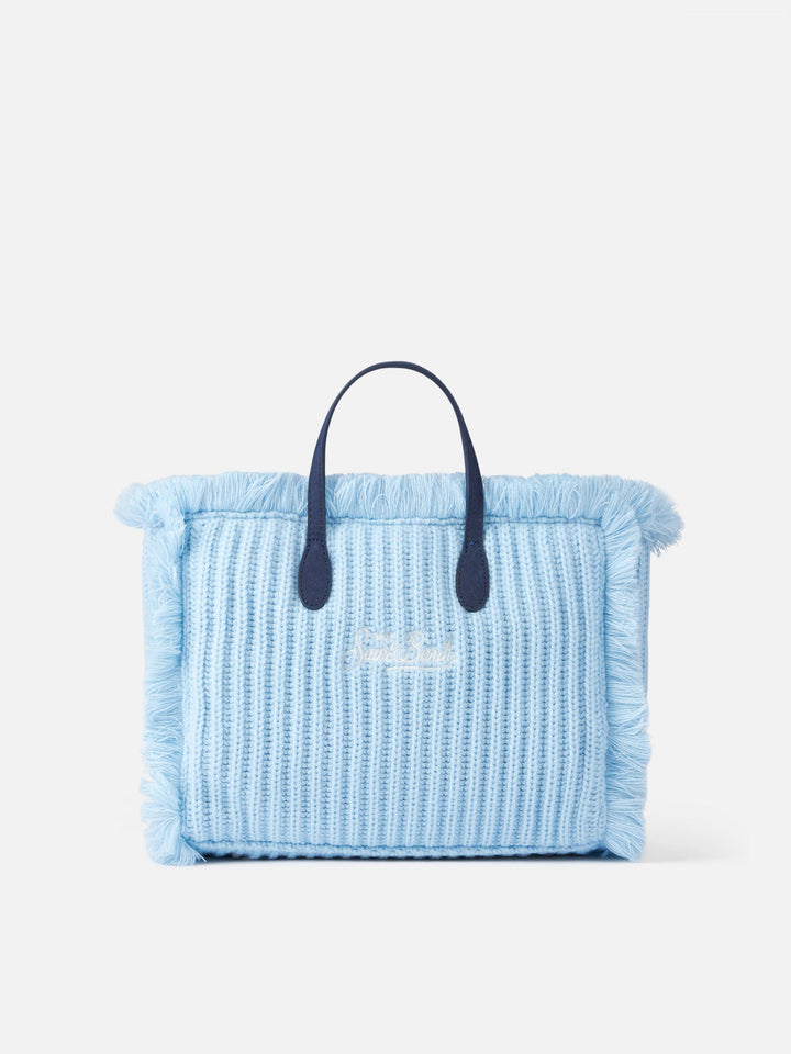 Colette Blue Ribbed Knit Bag with Logo Embroidery