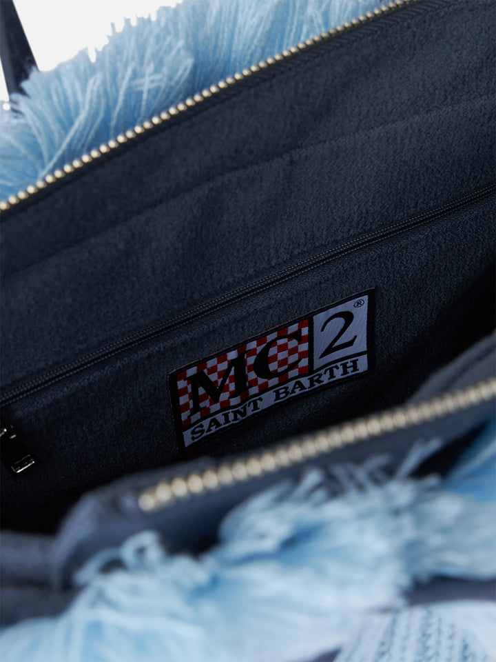 Colette Blue Ribbed Knit Bag with Logo Embroidery