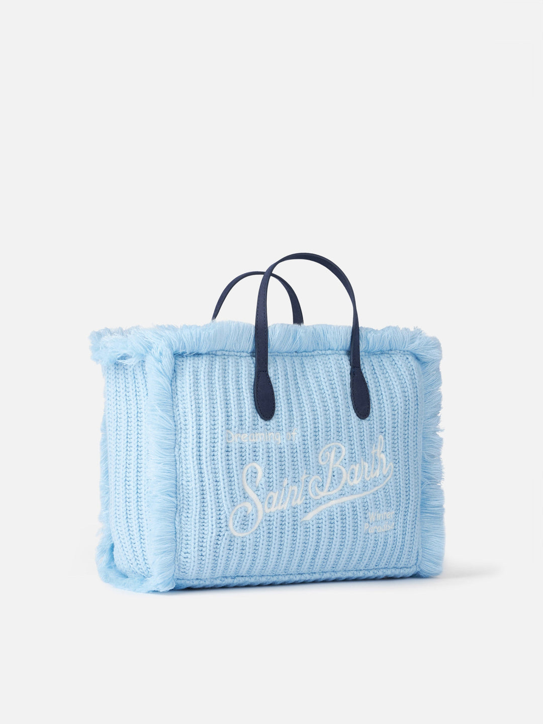 Colette Blue Ribbed Knit Bag with Logo Embroidery