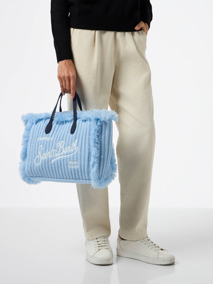 Colette Blue Ribbed Knit Bag with Logo Embroidery