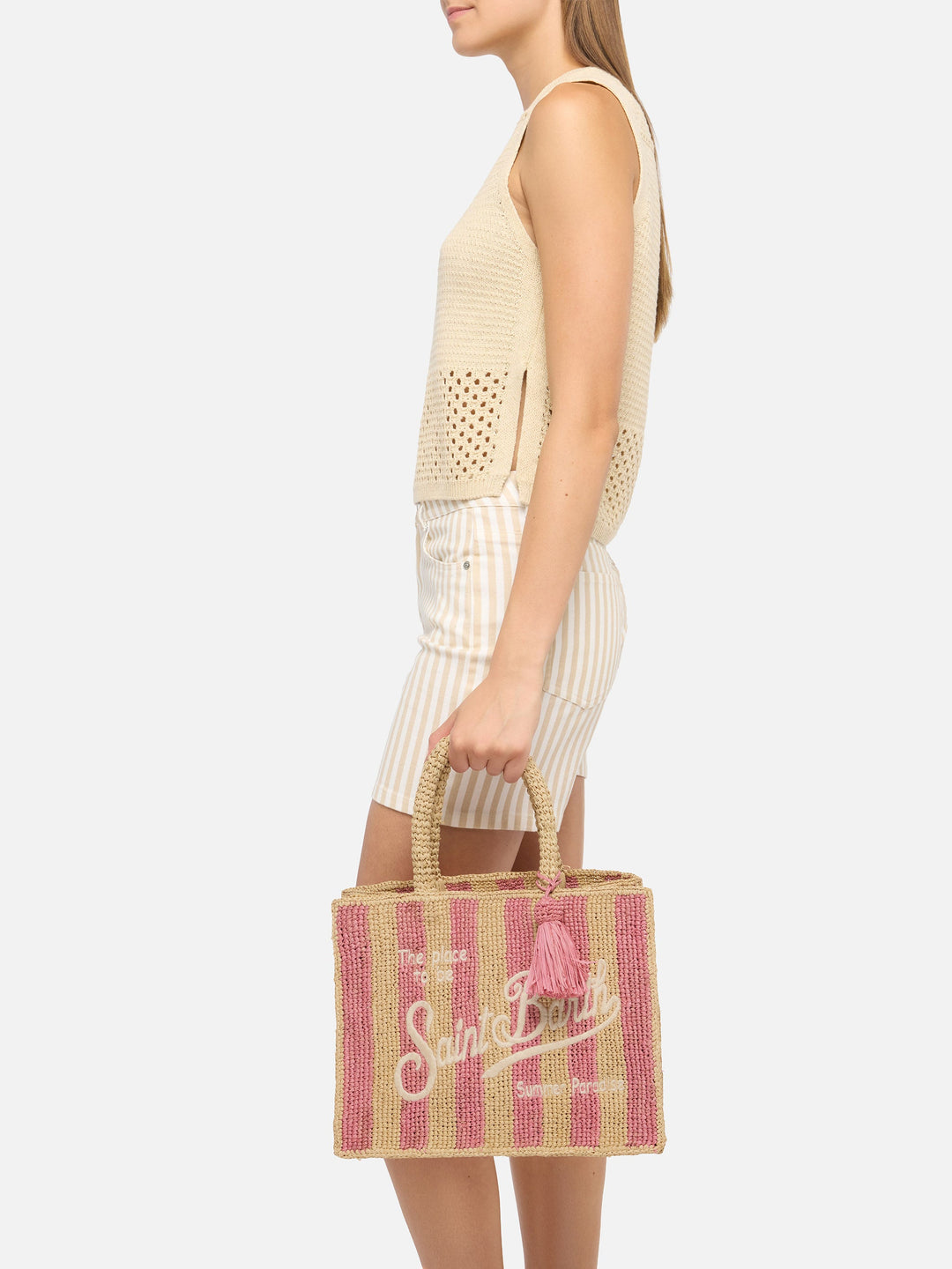 Colette Striped Pink Raffia Bag with Embroidered Logo