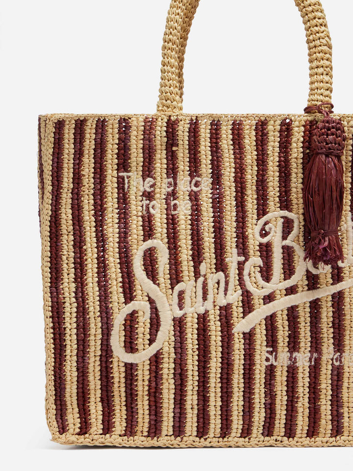 Colette Striped Raffia Bag in Brown with Embroidered Logo