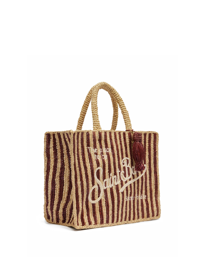 Colette Striped Raffia Bag in Brown with Embroidered Logo