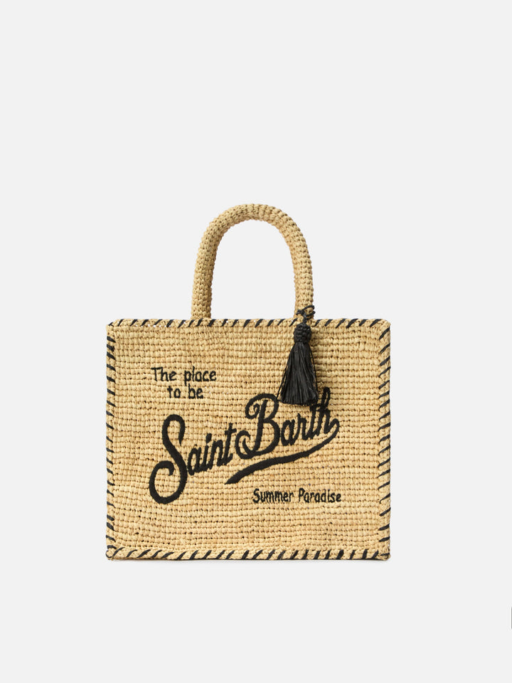 Beige Raffia Colette Bag with Black Embroidered Logo and Tassel