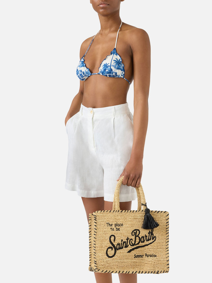 Beige Raffia Colette Bag with Black Embroidered Logo and Tassel