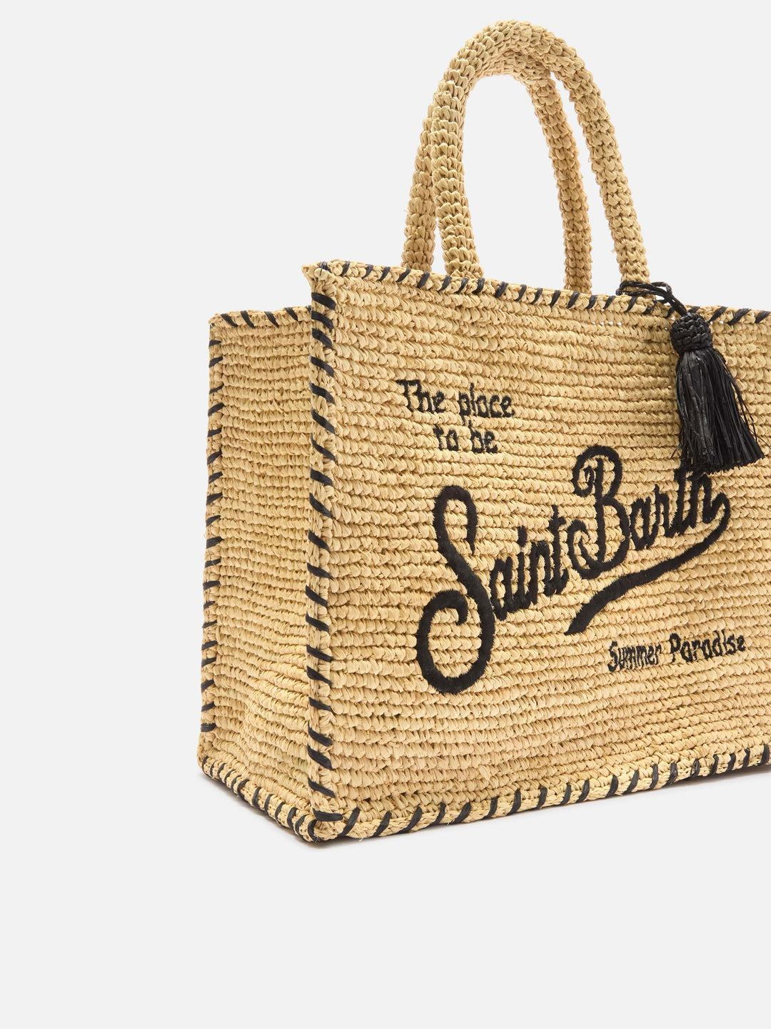 Beige Raffia Colette Bag with Black Embroidered Logo and Tassel