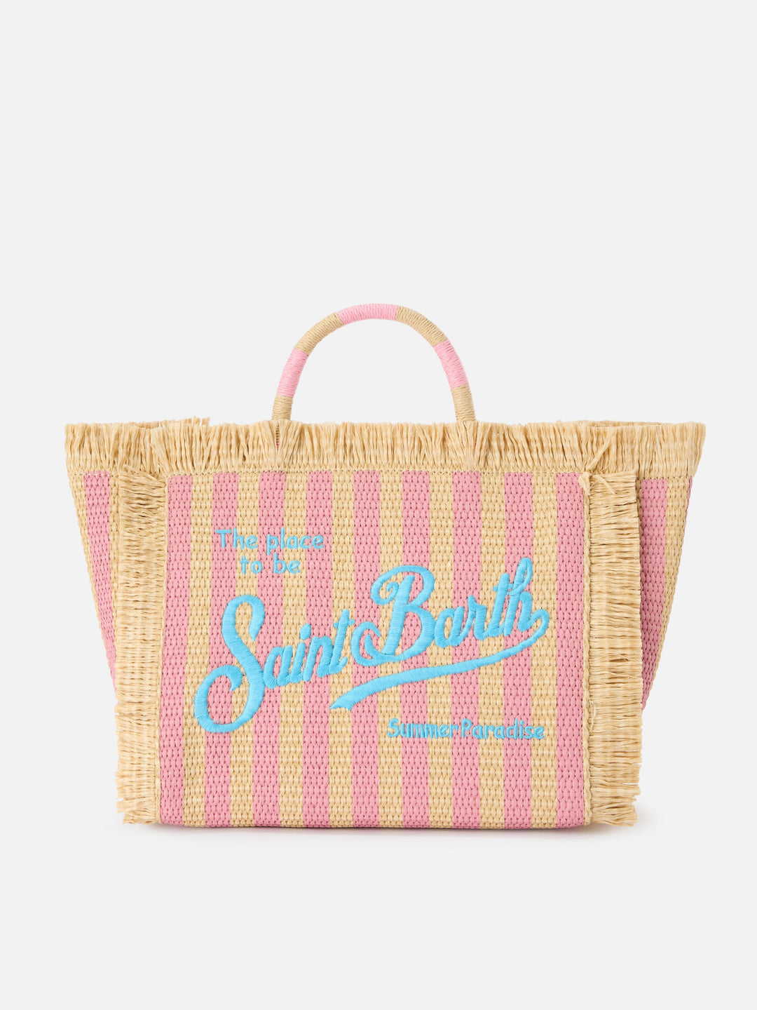 Colette Striped Straw Effect Fabric Bag with Embroidered Logo