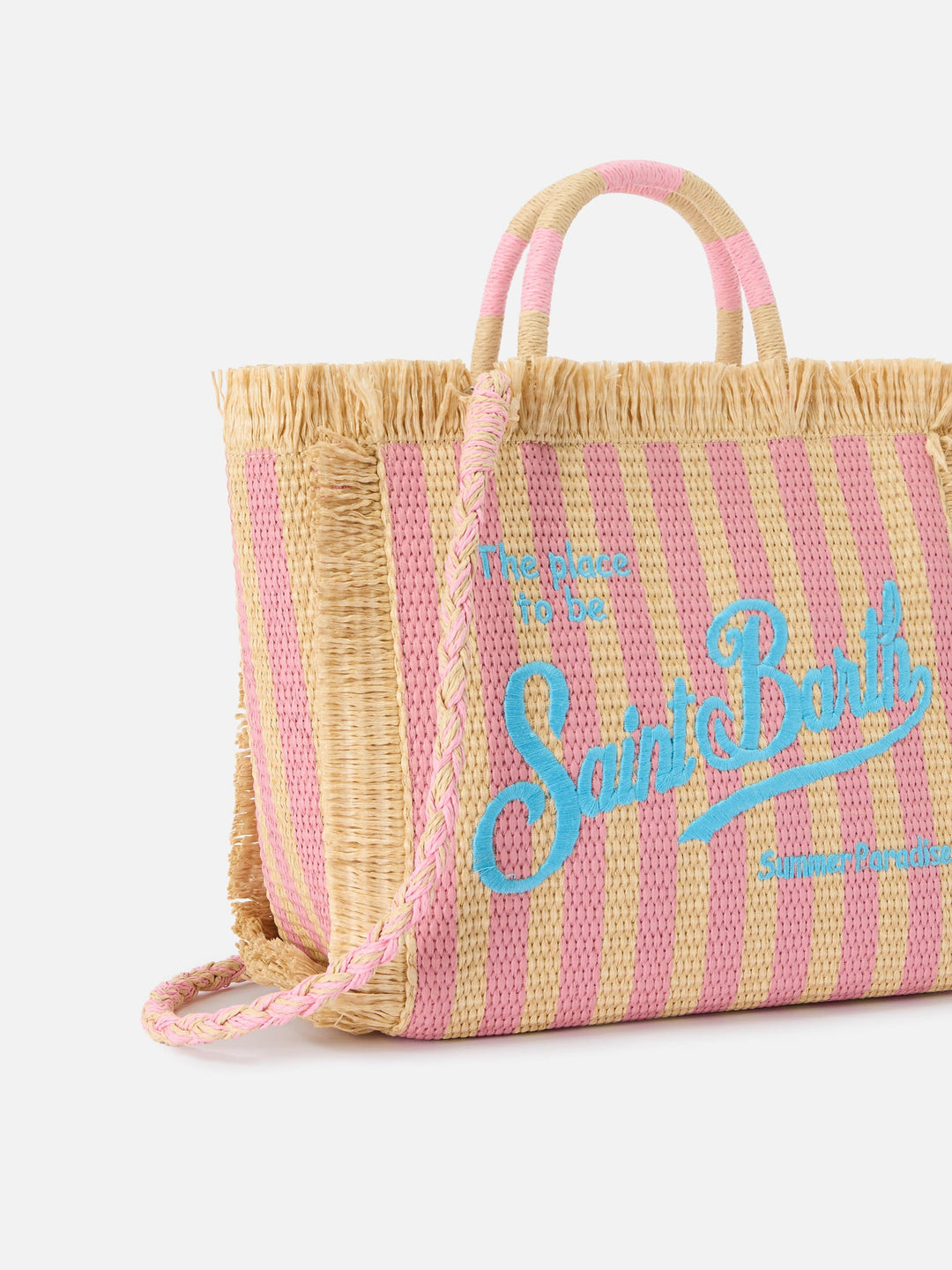 Colette Striped Straw Effect Fabric Bag with Embroidered Logo