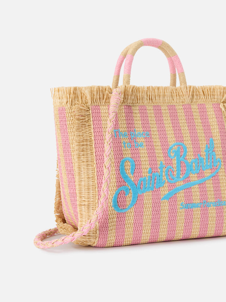 Colette Striped Straw Effect Fabric Bag with Embroidered Logo