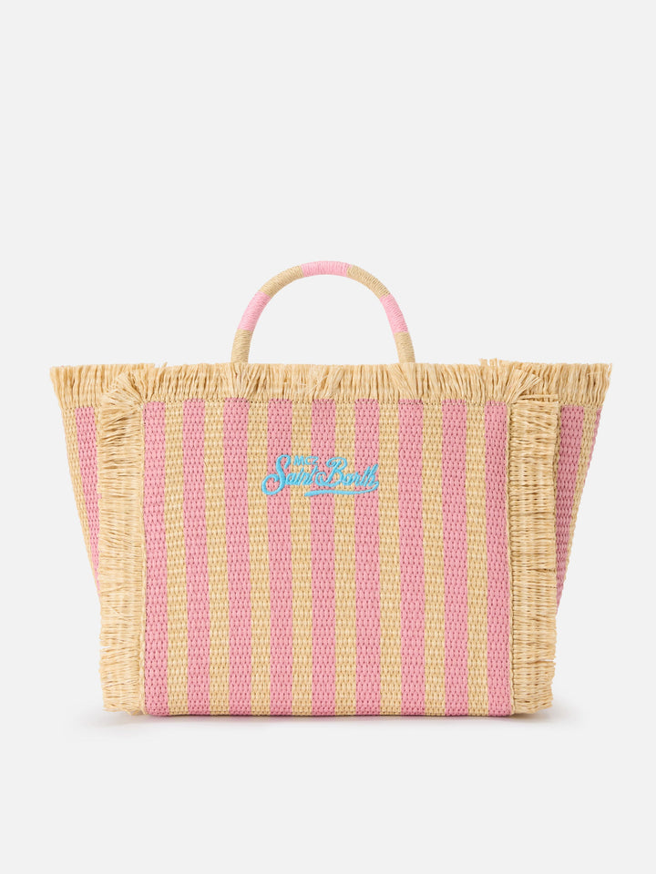 Colette Striped Straw Effect Fabric Bag with Embroidered Logo