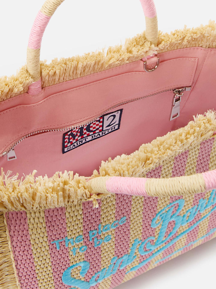 Colette Striped Straw Effect Fabric Bag with Embroidered Logo