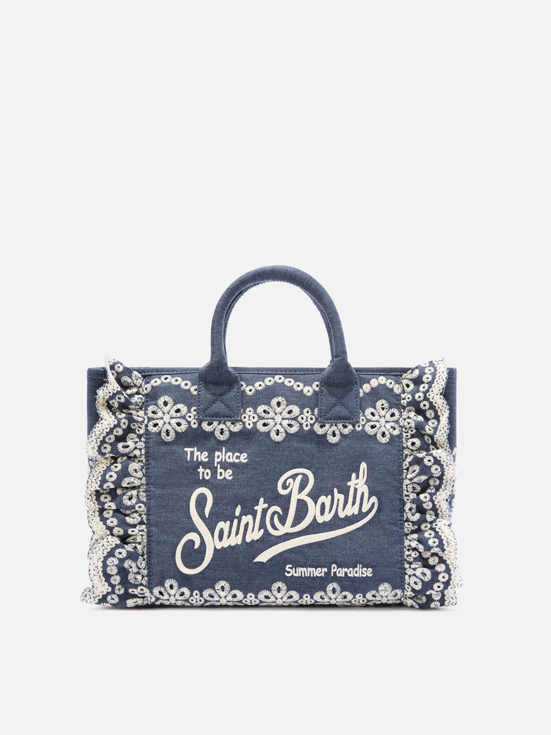 Colette Denim Tote Bag in Dark Wash with Decorative Embroidery