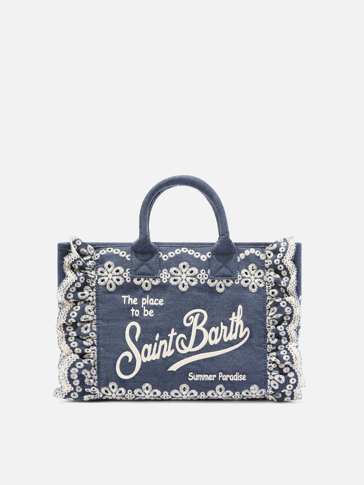 Colette Denim Tote Bag in Dark Wash with Decorative Embroidery