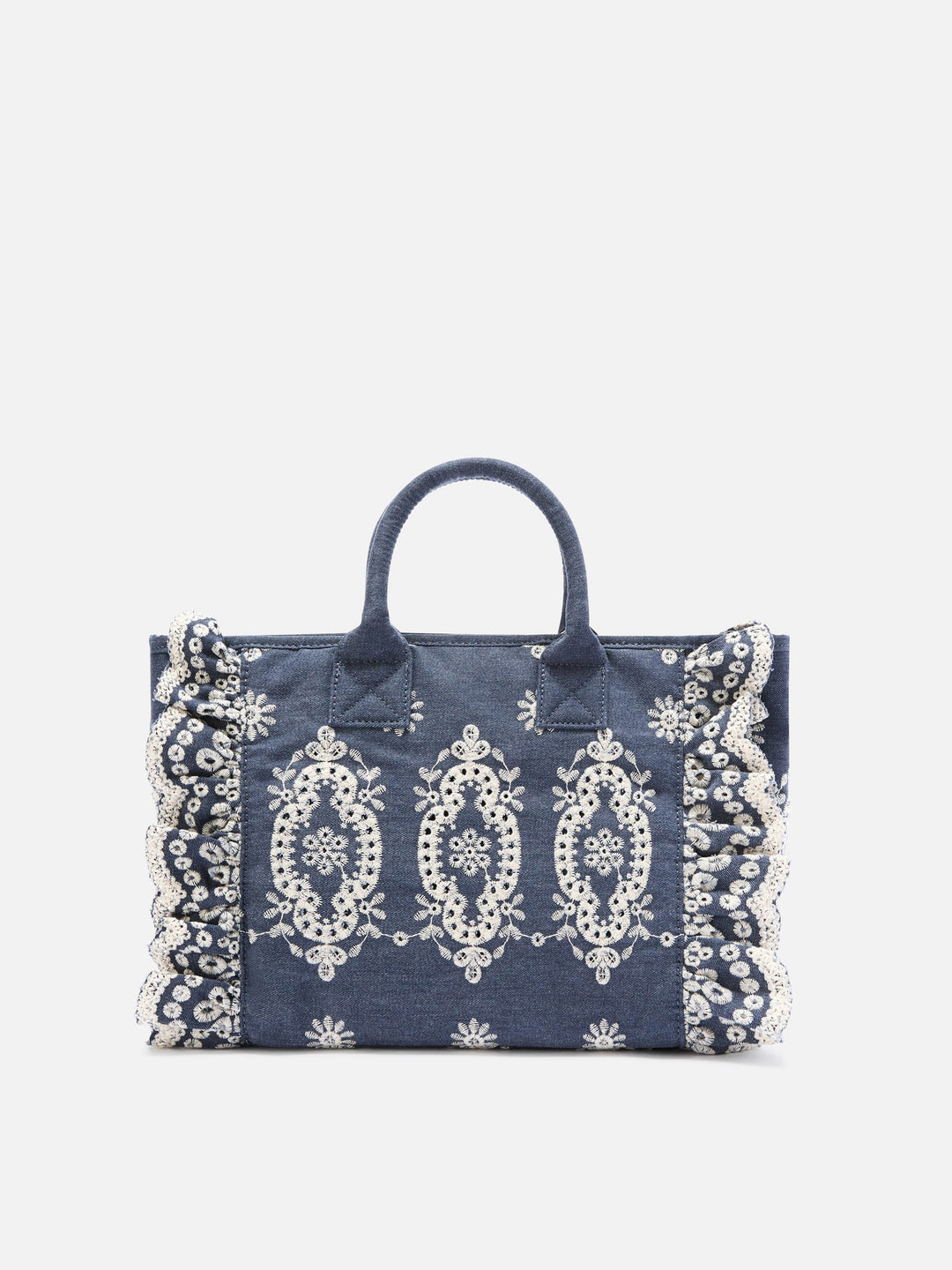 Colette Denim Tote Bag in Dark Wash with Decorative Embroidery