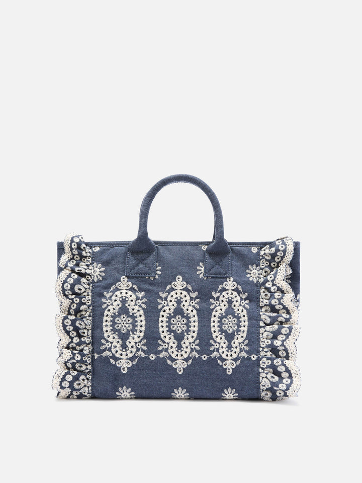 Colette Denim Tote Bag in Dark Wash with Decorative Embroidery