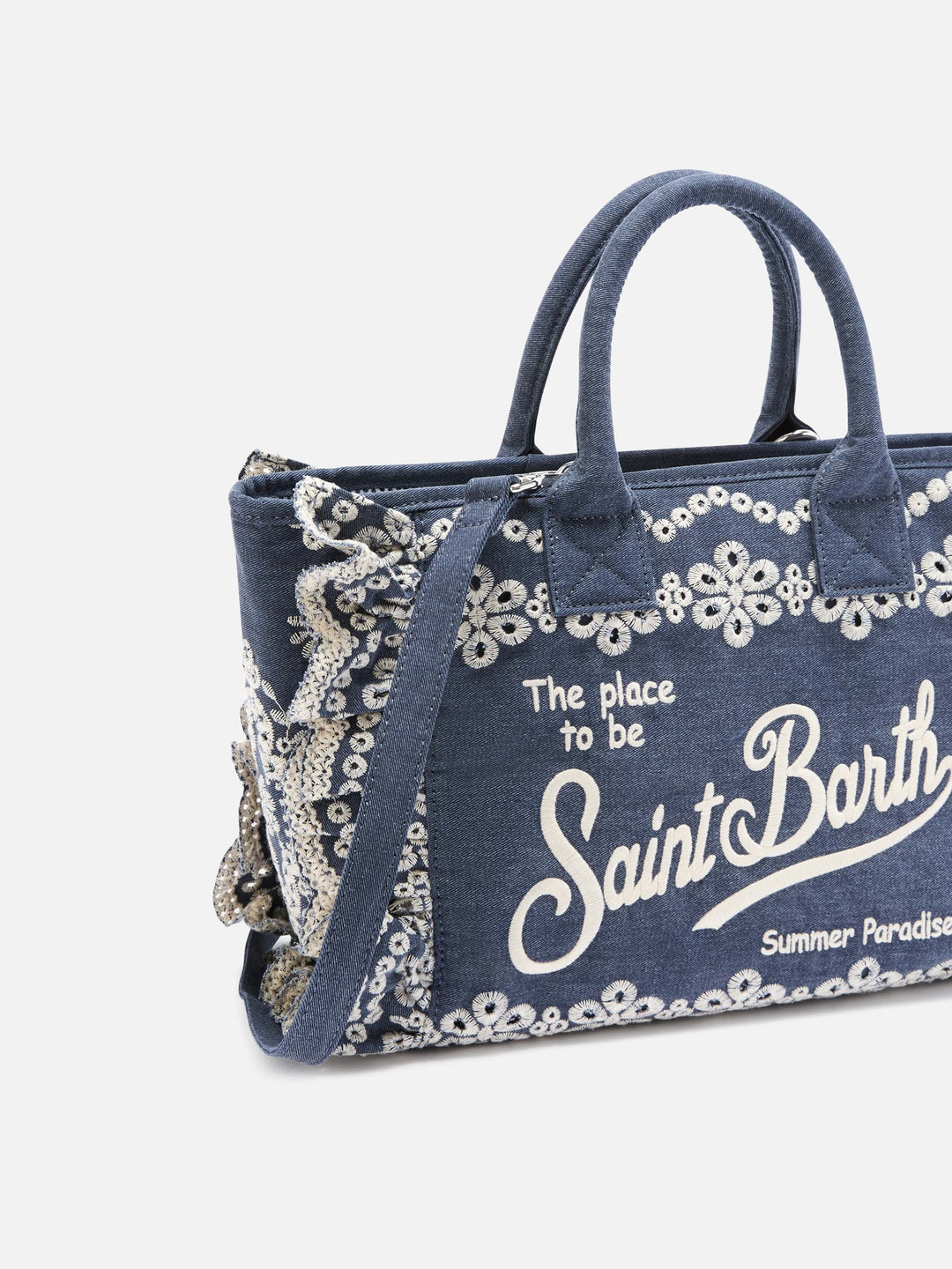 Colette Denim Tote Bag in Dark Wash with Decorative Embroidery