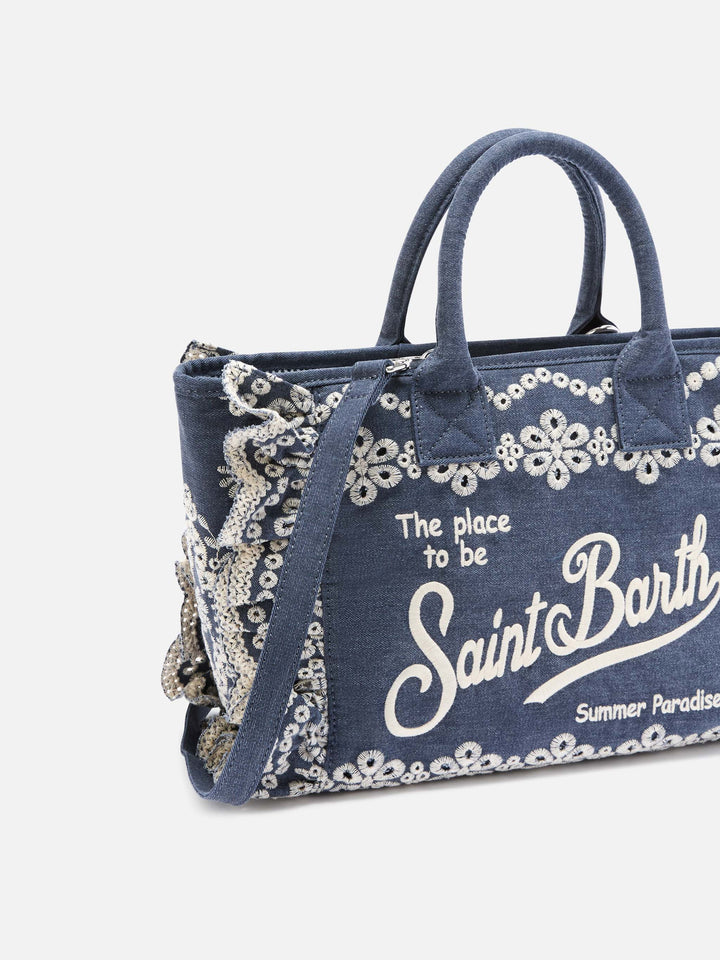 Colette Denim Tote Bag in Dark Wash with Decorative Embroidery