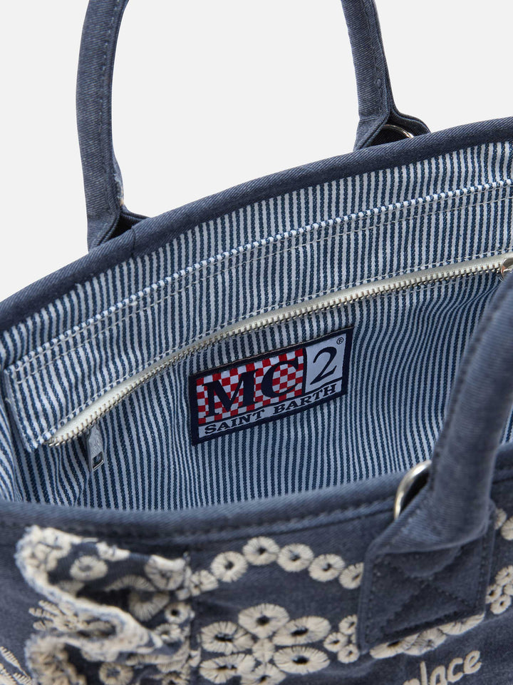 Colette Denim Tote Bag in Dark Wash with Decorative Embroidery