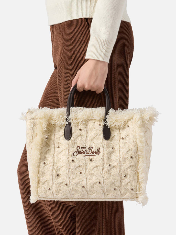 Colette White Wool Braid Bag with Rhinestones