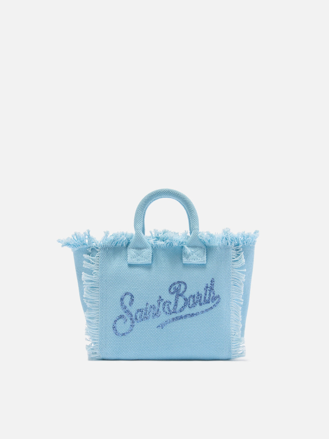 Mini Vanity Bag in Light Blue Canvas with Rhinestone Logo