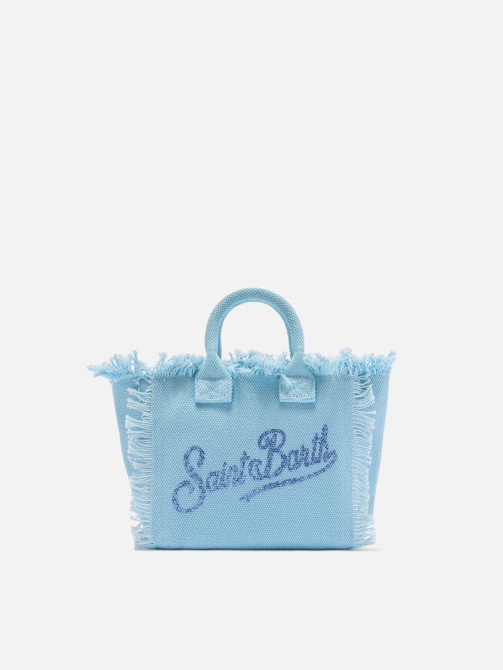 Mini Vanity Bag in Light Blue Canvas with Rhinestone Logo