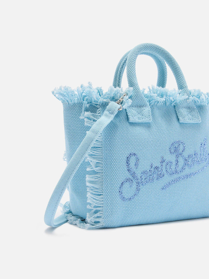 Mini Vanity Bag in Light Blue Canvas with Rhinestone Logo