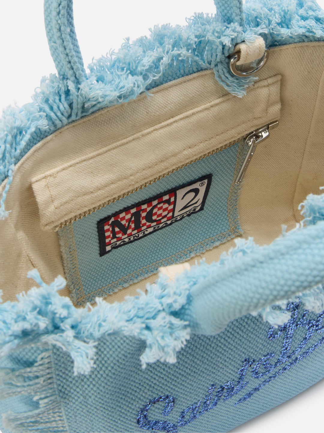 Mini Vanity Bag in Light Blue Canvas with Rhinestone Logo