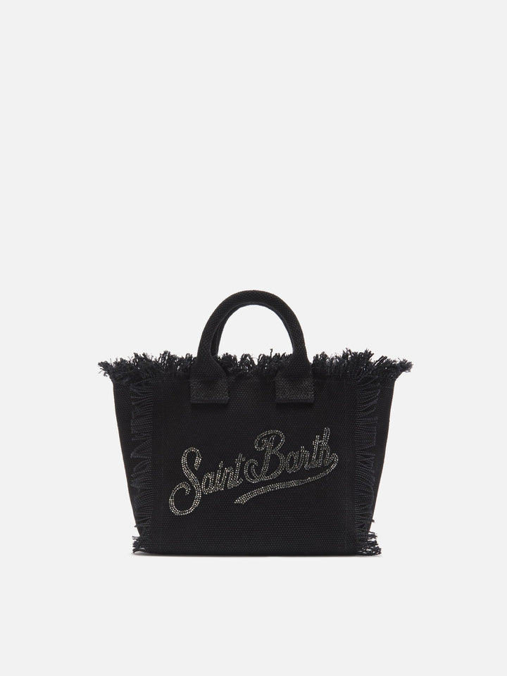 Mini Vanity Bag in Black Canvas with Rhinestone Logo